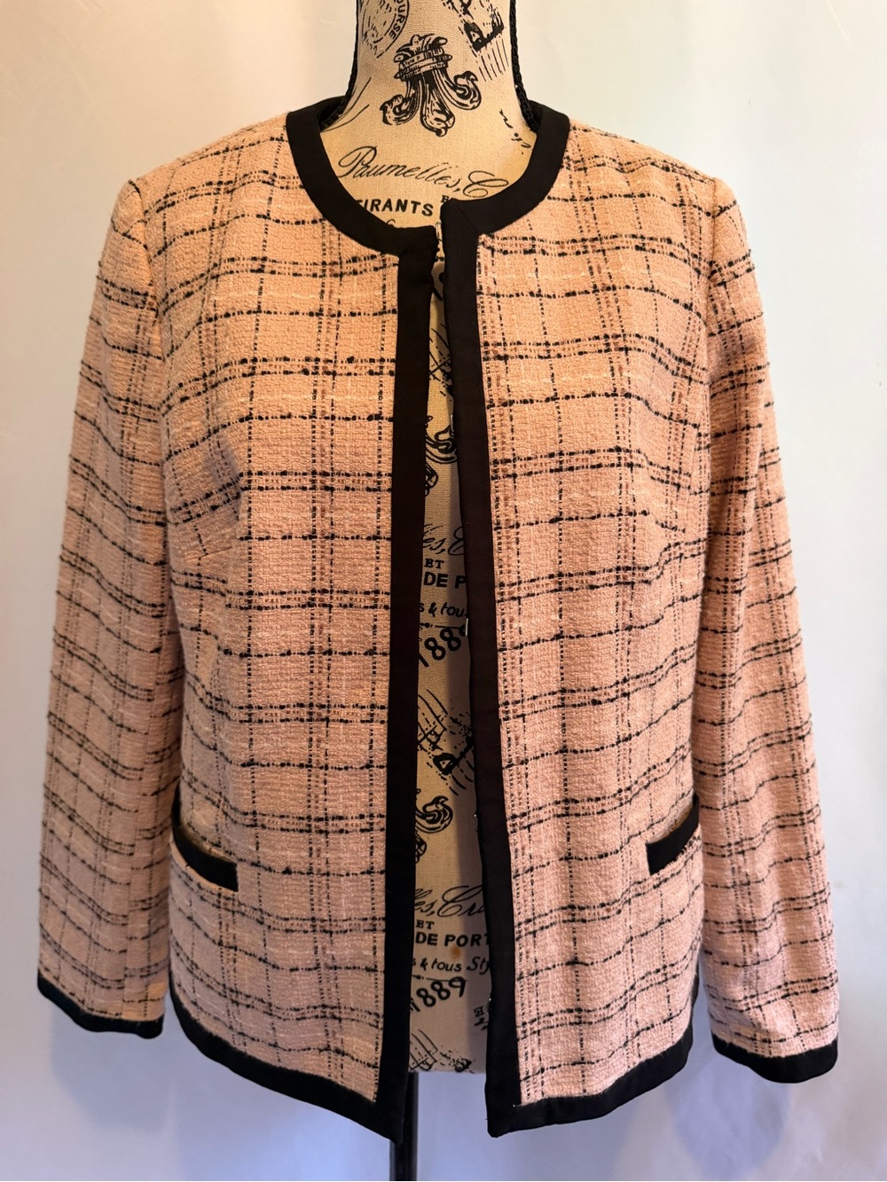 Classic Pink Tweed Open-Front Jacket with Black Trim